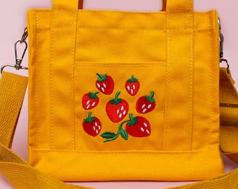 Yellow Strawberry Mini Small Shoulder bag - Mini Crossbody bag - Mini tote bag - Canvas bag - casual style - embroidered - Cottagecore cute