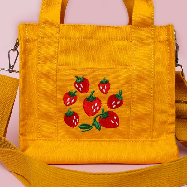 Yellow Strawberry Mini Small Shoulder bag - Mini Crossbody bag - Mini tote bag - Canvas bag - casual style - embroidered - Cottagecore cute