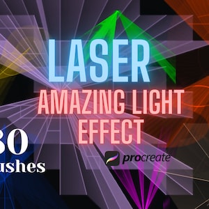 Puede incluir: 80 pinceles de efecto de luz láser para Procreate. La imagen muestra un diseño abstracto colorido con líneas de luz en rosa, morado, azul, verde, amarillo y naranja.