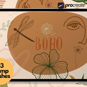 May include: A digital illustration of 113 boho-style stamp brushes for Procreate. The image features a dragonfly, a dandelion, a four-leaf clover, and a stylized eye. The text "BOHO" is written in a decorative font.