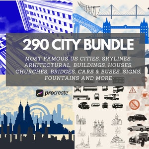 290 CITY BUNDLE Procreate Brush Set City Skyline Most Famous US City Architectural Elements City Buildings Churches Bridges City Signs