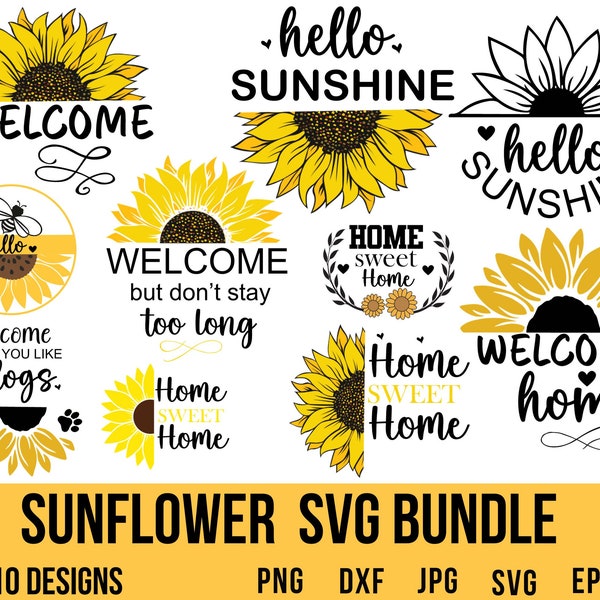 Sunflower door sign svg bundle 10 designs, Sunflower door hanger svg, Sunflower Round Signs Svg, Sunflower  , Welcome Sign ,Door Hanger Svg