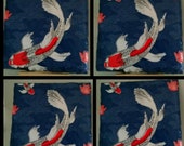 Beautiful Handmade set of four slate coasters Japanese Koi Carp