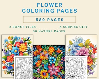 Può includere: Un set di 580 pagine da colorare con fiori, 2 file bonus e un regalo sorpresa. Le pagine presentano disegni intricati di fiori e foglie colorati. Sono incluse anche 50 pagine di natura.