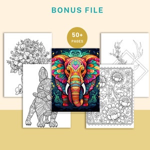 May include: A set of five coloring pages featuring intricate designs. The pages include a floral bouquet, a dog, an elephant, a floral pattern, and a deer with antlers. The elephant is brightly colored with a rainbow of colors. The text "50+ PAGES" is visible in the image.