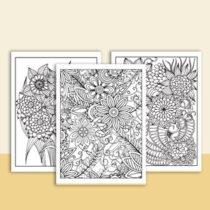 May include: Three black and white printable coloring pages featuring intricate floral designs. Each page features a different arrangement of flowers, leaves, and swirls.