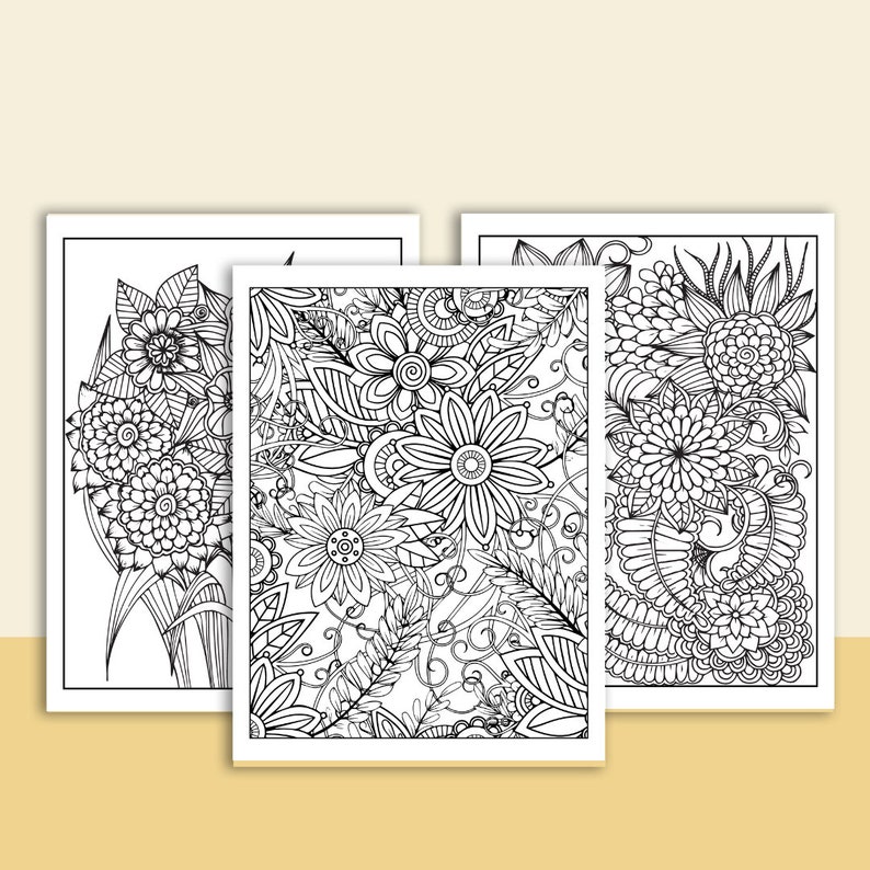 May include: Three black and white printable coloring pages featuring intricate floral designs. Each page features a different arrangement of flowers, leaves, and swirls.