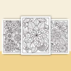 May include: Three black and white coloring pages featuring intricate floral designs. Each page features a different floral pattern with detailed leaves, petals, and swirls.