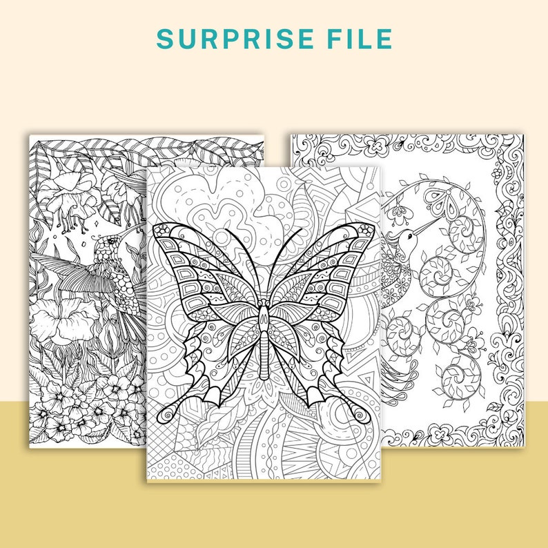 May include: Three black and white coloring pages featuring intricate designs of a butterfly, a hummingbird, and a floral pattern. The designs are detailed and perfect for adults or children who enjoy coloring.
