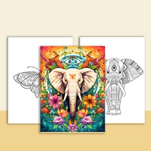 May include: A colorful illustration of a white elephant with intricate floral designs and birds surrounding it. The elephant has a mandala-like pattern on its forehead and is surrounded by a vibrant floral border.
