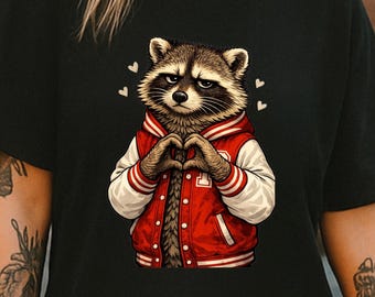 Gesto del cuore di procione, giacca universitaria, maglietta con grafica di animali divertenti, regalo d'amore