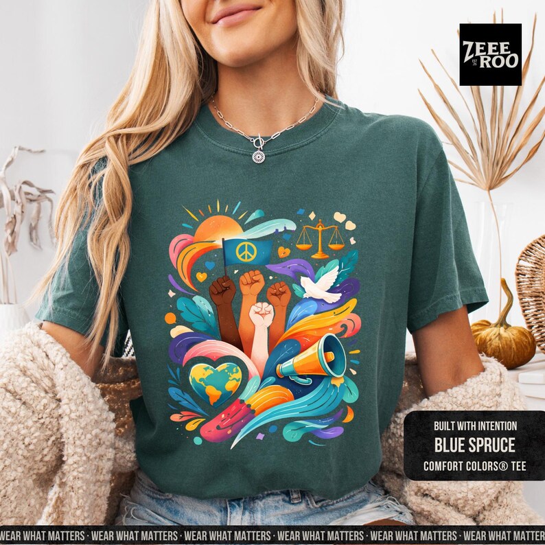 Unity Justice Peace, Equality Movement Design, Graphic Tee, Activist Gift Blue Spruce