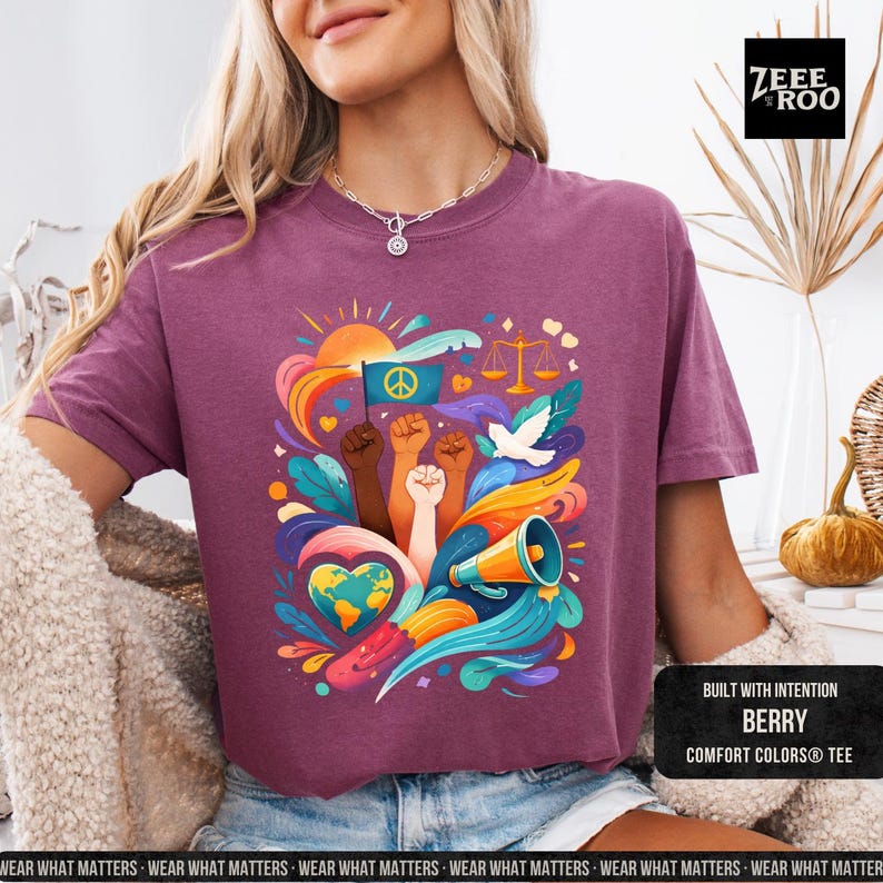 Unity Justice Peace, Equality Movement Design, Graphic Tee, Activist Gift Berry