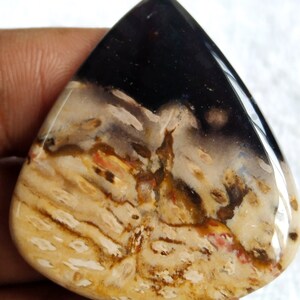 Pu&ograve; includere: Un cabochon di agata a forma di lacrima con un motivo nero, bianco, marrone e arancione. La pietra &egrave; lucidata e ha una superficie liscia.