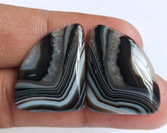 Pares de piedras preciosas de ágata negra natural con bandas: piedras cabujón hechas a mano
