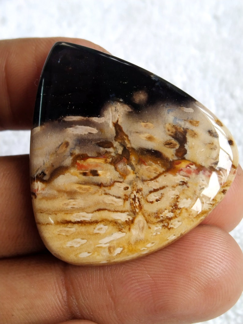 Pu&ograve; includere: Un cabochon di agata lucido a forma di lacrima con un motivo nero, marrone e bianco. La pietra ha un aspetto stratificato e a bande con sfumature di rosso.