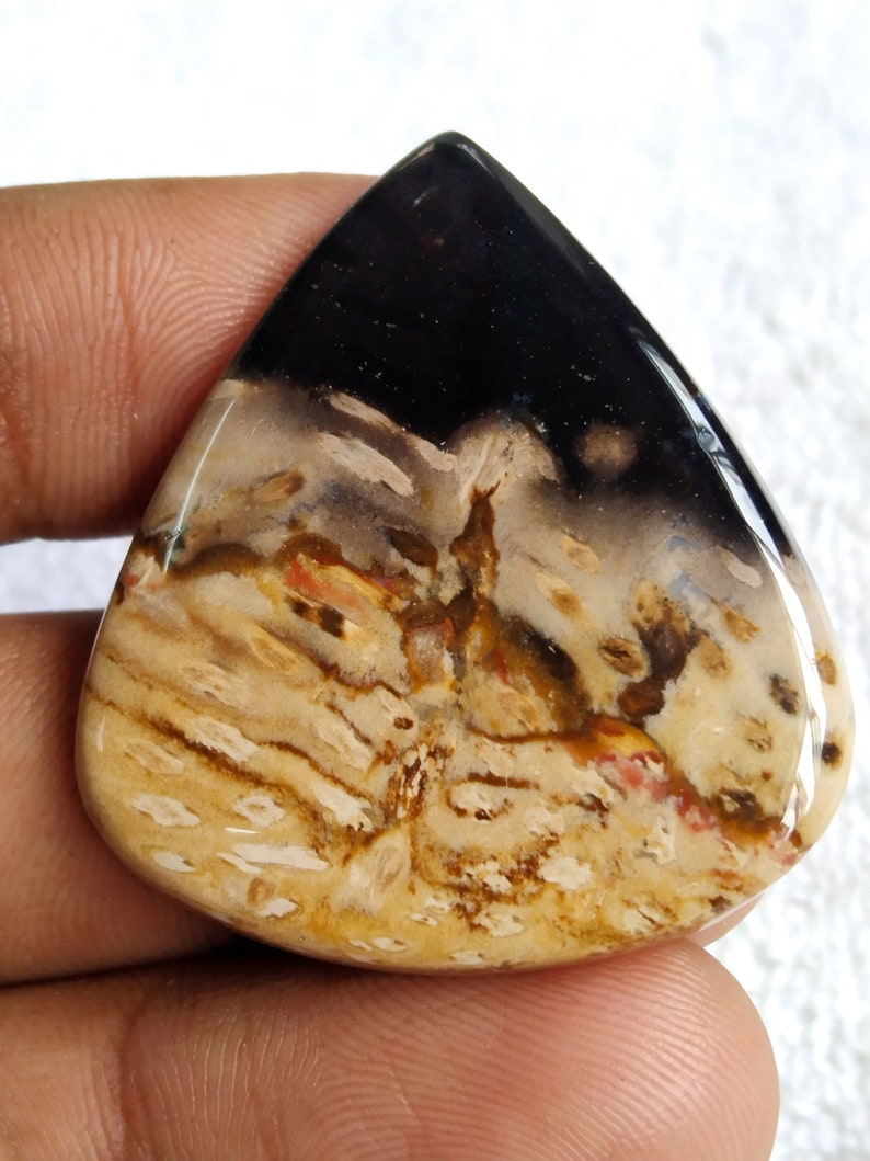 Pu&ograve; includere: Una pietra preziosa di agata lucidata a forma di lacrima con un motivo nero, marrone e bianco. L'agata ha una finitura liscia e lucida.