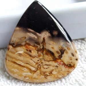 Pu&ograve; includere: Un cabochon di agata lucido a forma di lacrima con un motivo nero, marrone e bianco. La pietra ha un aspetto naturale e organico.