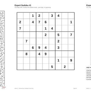 May include: A page containing three puzzles: a complex black and white maze labeled Maze #9 - Extreme, a Sudoku grid titled Expert Sudoku #1 with various numbers filled in, and a geography word search titled Expert Word Search #1.