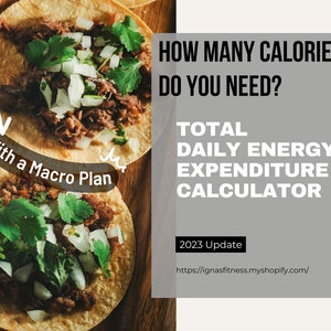 Pode incluir: Dois tacos recheados com carne, cebola e coentro sobre uma superfície de madeira. O texto sobreposto diz: "Quantas calorias você precisa? Calculadora total de gasto energético diário. Atualização 2023. https://ignasfitness.myshopify.com/"