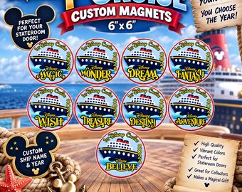 May include: A collection of circular magnets featuring Disney cruise ship illustrations with the text 1st Cruise 2026 and various ship names including Magic, Wonder, Dream, Fantasy, Wish, Treasure, Destiny, Adventure, and Believe, measuring 6 inches by 6 inches.