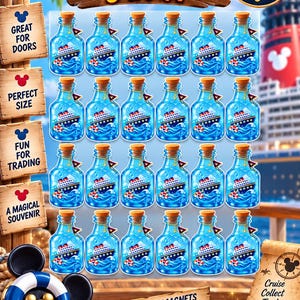 May include: A set of 24 Disney Cruise Line magnets, each measuring 3 inches by 1.75 inches. The magnets feature a blue bottle design containing a cruise ship on waves, with a cork stopper and a small anchor charm. Text includes 24 MAGNETS, SMALL MAGNETS BIG MAGIC!, and Cruise Collect Trade Share the Magic!
