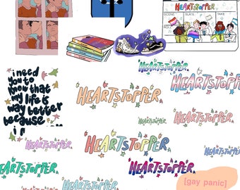 Op de afbeelding: Een digitale illustratie van een graphic novel met de titel "Heartstopper" in een kleurrijk lettertype. De afbeelding bevat ook een klapbord met dezelfde titel, een spreekballon met een boom en verschillende andere illustraties van de titel "Heartstopper" in verschillende kleuren en lettertypen.