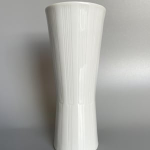 May include: A white ceramic vase with a ribbed design. The vase is tall and slender, with a narrow opening at the top.
