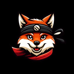 May include: A cartoon illustration of a red fox wearing a black headband with a white circle in the center. The fox is smiling and has a red scarf around its neck.