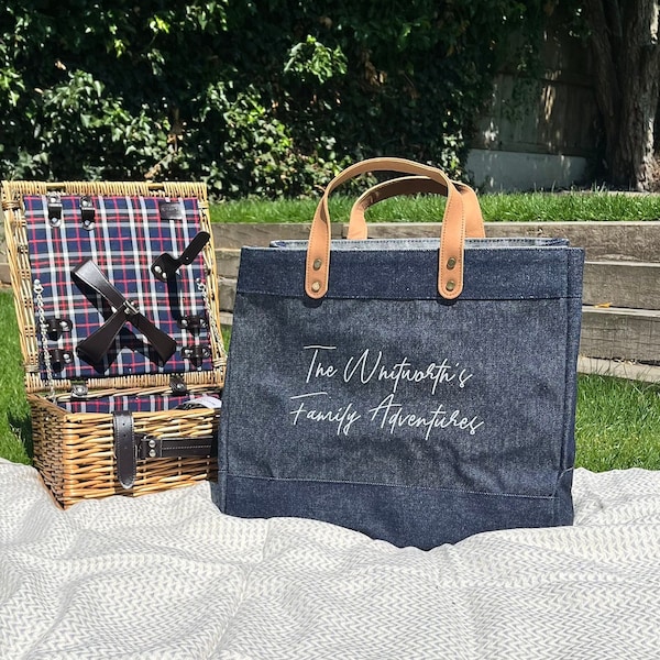 Luxury personalised denim tote shopper |  Personalised tote bag | Luxury family tote bag