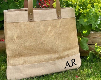 Luxury personalised monogrammed bag | Luxury leather handle bag | Personalised jute bag | Lifestyle bag | Eco bag | Luxury shopper bag