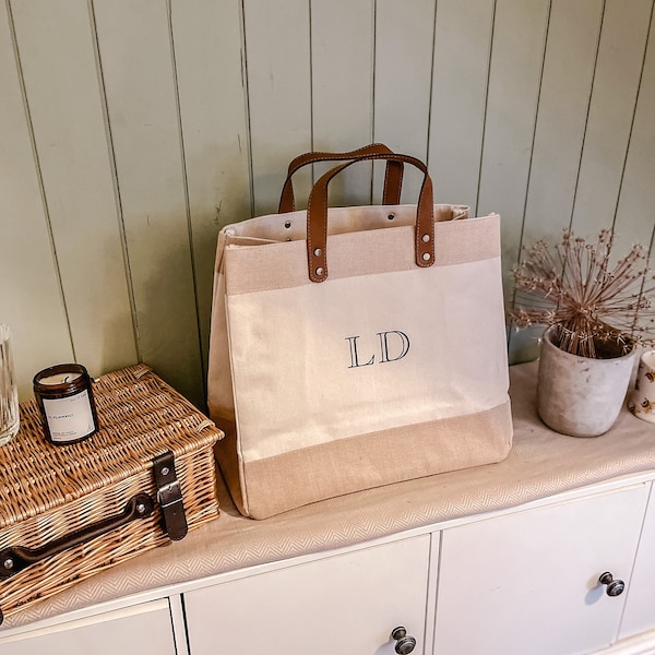 Luxury personalised tote bag | Luxury leather handle bag | Personalised canvas bag | Holiday bag | Luxury shopper bag | monogrammed