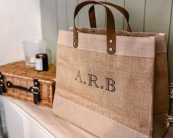 Luxury personalised monogrammed tote bag | Luxury leather handle bag | Personalised jute bag | Lifestyle bag | Eco bag | Luxury shopper bag