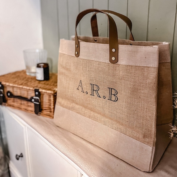 Luxury personalised monogrammed tote bag | Luxury leather handle bag | Personalised jute bag | Lifestyle bag | Eco bag | Luxury shopper bag