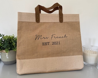Luxury personalised tote bag | Luxury leather handle bag | Personalised jute bag | Holiday bag | Beach bag | Luxury shopper bag