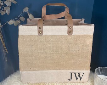 Luxury personalised monogrammed bag | Luxury leather handle bag | Personalised jute bag | Lifestyle bag | Eco bag | Luxury shopper bag