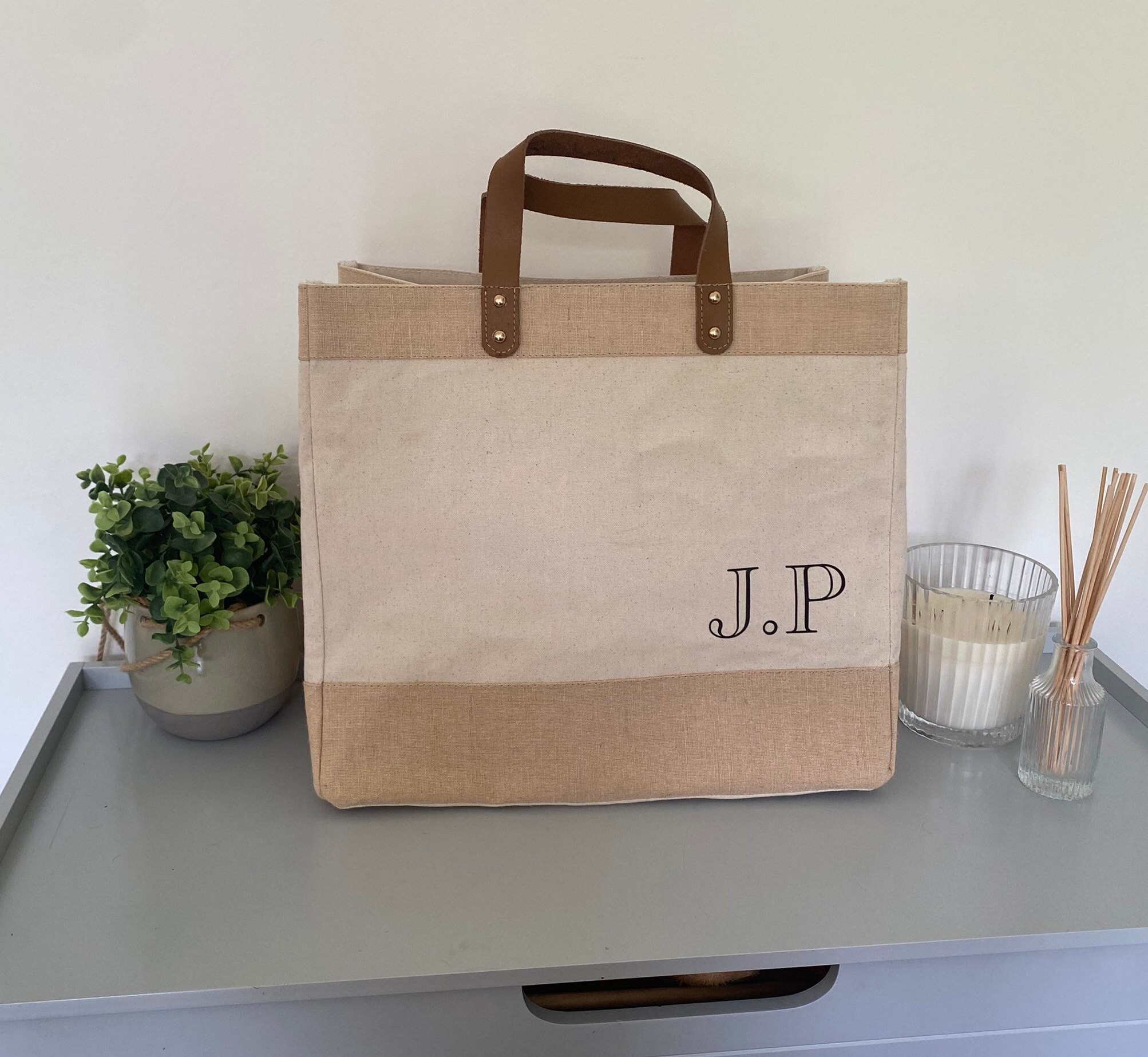 Personalised black and leather jute shopper hotsell