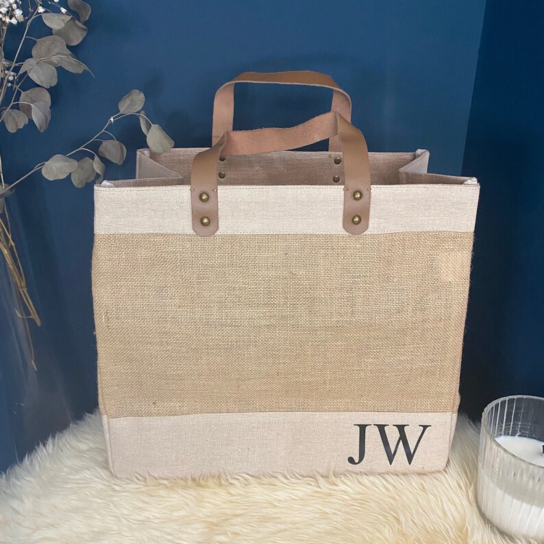 Luxury personalised monogrammed bag | Luxury leather handle bag | Personalised jute bag | Lifestyle bag | Eco bag | Luxury shopper bag 