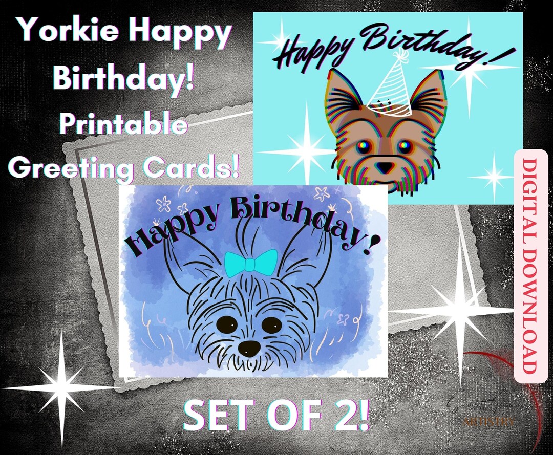 Yorkie Happy Birthday Card Printable Yorkie Cards Digital Download