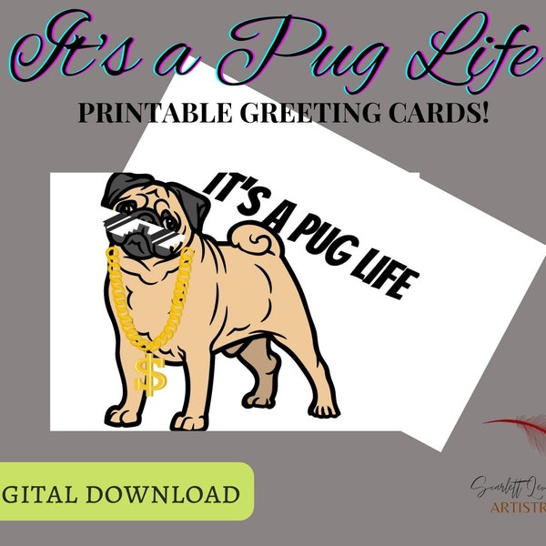 Pug Greeting Card - Thug Pug - Blank inside Pug Card - Cute greeting card - Just Because - Pug Card