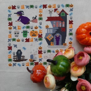 Halloween set - PDF Digital Cross Stitch Pattern steleton, witch, vampire, bat, pumpkin, zombie, cemetery, haunted house