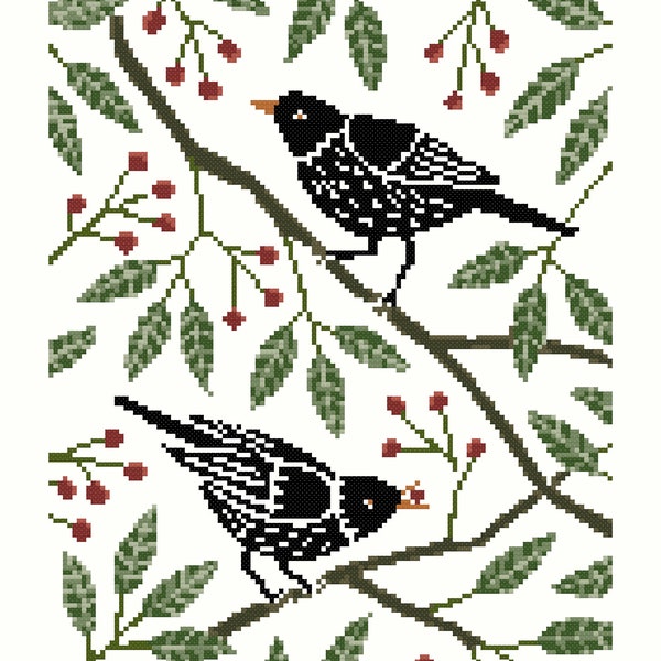 Bird - Birds on branches - Black Thrush, cross stitch pattern for download, antique feel, vintage