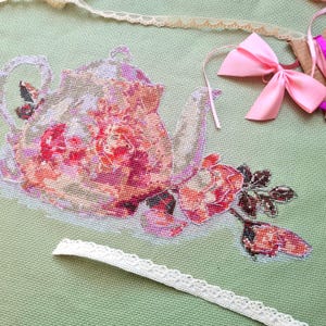 Pink teapot with flower motif - PDF digital cross stitch pattern for download, roses, colorful teapot