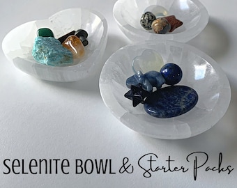 Recharging Selenite Bowl and Curated Crystal Carvings Starter Packs