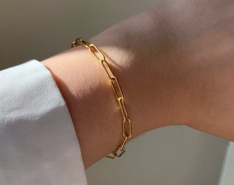 Gold Bracelet, 18ct Gold Plated Bracelet, Gold Paper Clip Bracelet Thin Links Bracelet, Stackable Statement Bracelet, Gift Idea For Her