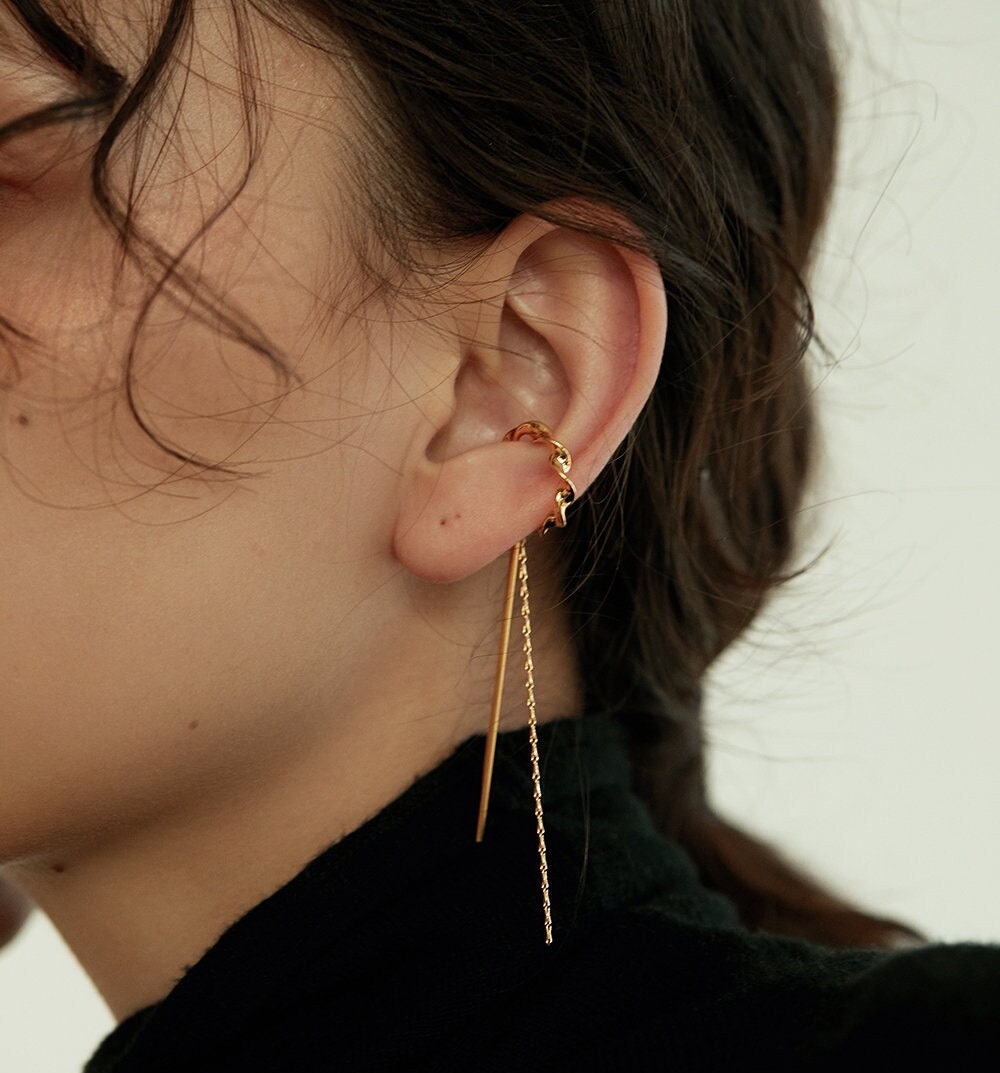 Trendy Gold Plated Lily Ear Cuff Threader Earring