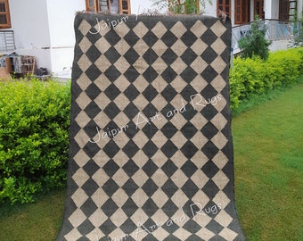 Black beige Kilim Rug, Handwoven Geometric Wool Jute Rug, Handmade Kilim Dhurrie Rug, Traditional Jute Area rug, Flatweave Custom Size Rug