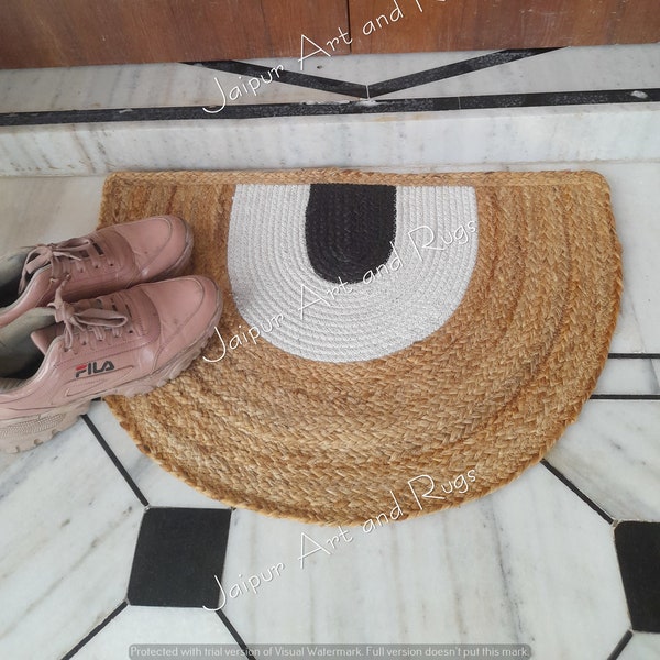 Jute Mat ,Braided Half Circle black,white Doormat, Boho Mat,Eco Friendly,Floor And Rugs,Indoor Outdoor Doormat,Modern Trendy Custom Mat.