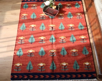 Alfombra Kilim roja de varios tamaños de inspiración vintage / Tejido plano de lana y algodón tejido a mano / Diseño ecológico del suroeste y marroquí / Decoración natural