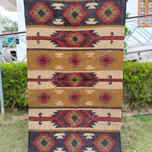 Handmade Navajo Kilim Rug,Runner Rug, Accent Rug, Outdoor Rug/Indoor Rug, Living/Dinning Room 4X6 Ft. Wool Jute Kilim Rug,Indian Dhurrie Rug
